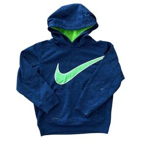 Nike Therma-FIT Hoodie Kids 6 Blue Heathered Neon Green Mesh Swoosh Pullover